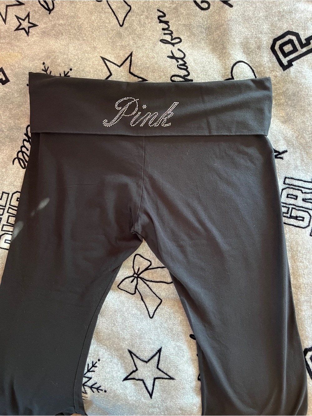 PINK Victoria's Secret Black Fold-Over Waist Leggings with Bling Logo XXL